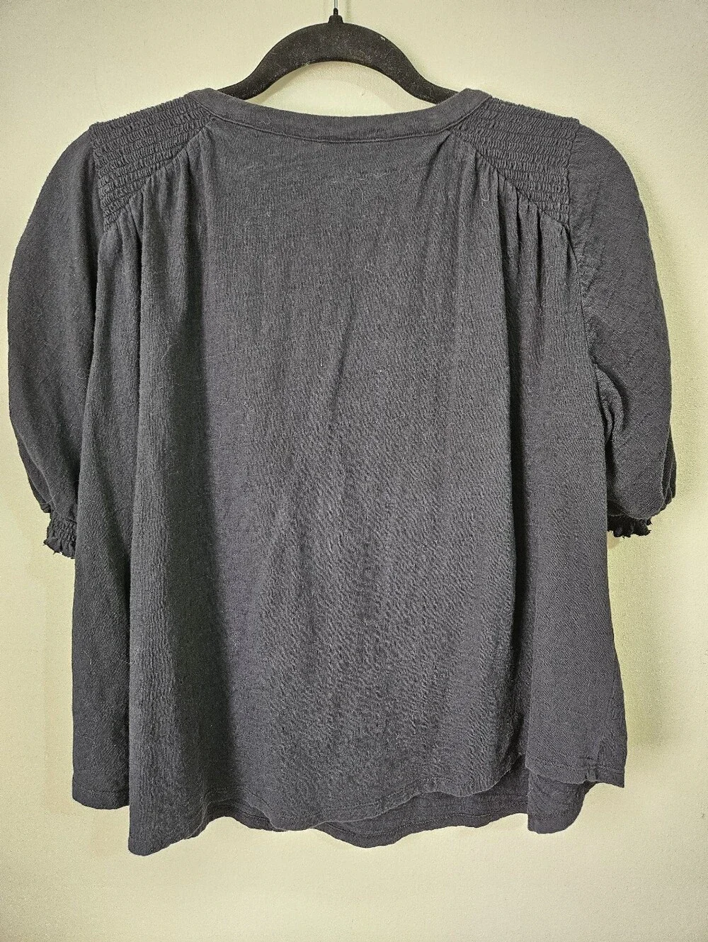 Free People Fever Dream Tee in Black V-Neck with Short, Ruched, Sleeves, Boho XS